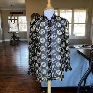 Vintage Paolo Santini Silk Blouse Black Gold Logo No Tag Measures 8 10 Medium